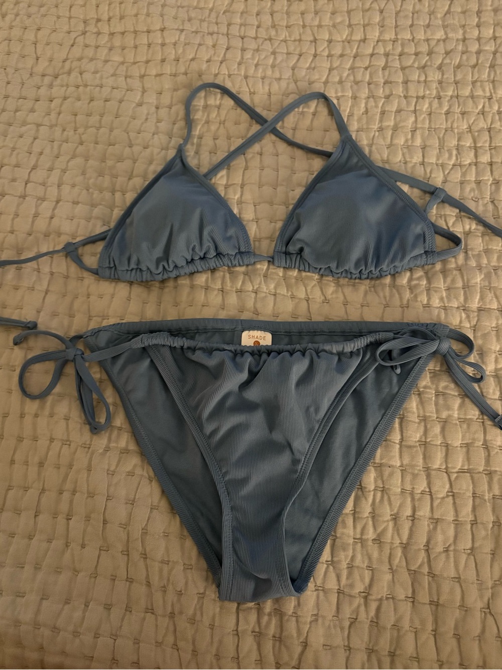 Dusty Blue Ribbed String Bikini Set